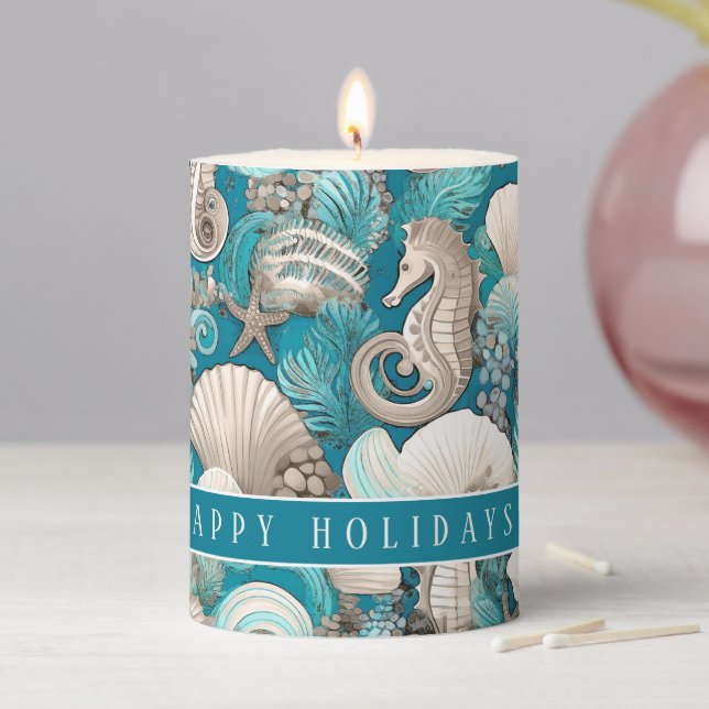 Coastal Christmas Bold Seahorse Pattern#4 ID1009 Pillar Candle (In Situ)
