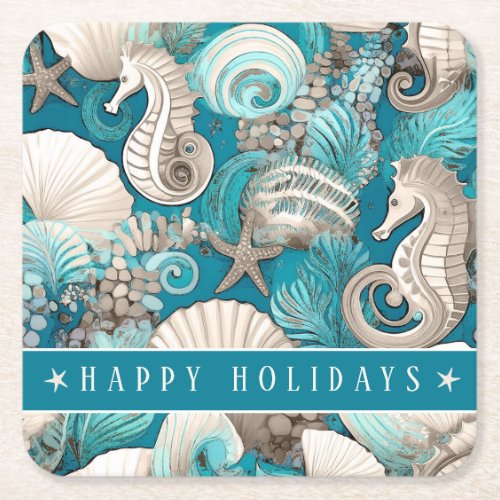 Coastal Christmas Bold Seahorse Pattern4 ID1009 Square Paper Coaster