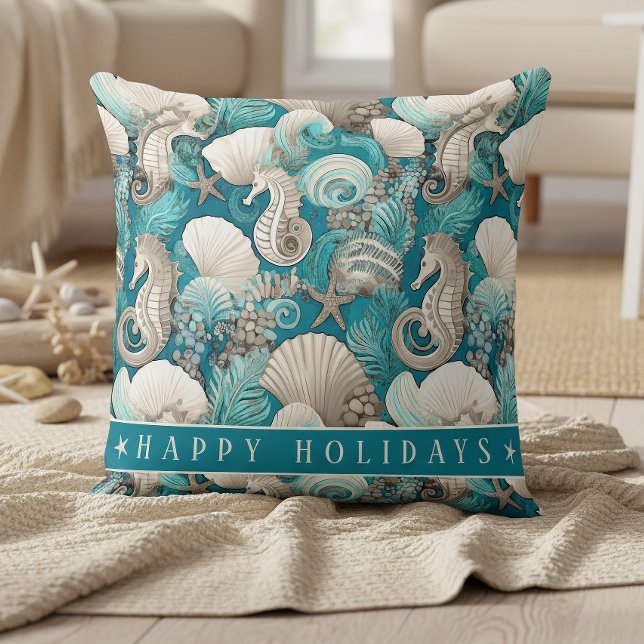 Coastal Christmas Bold Seahorse Pattern#4 ID1009 Throw Pillow (Creator Uploaded)
