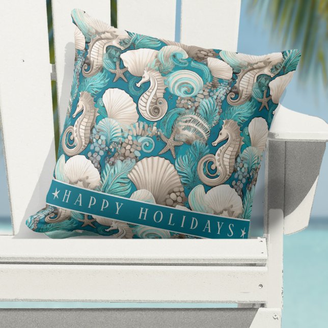 Coastal Christmas Bold Seahorse Pattern#4 ID1009 Throw Pillow (Creator Uploaded)