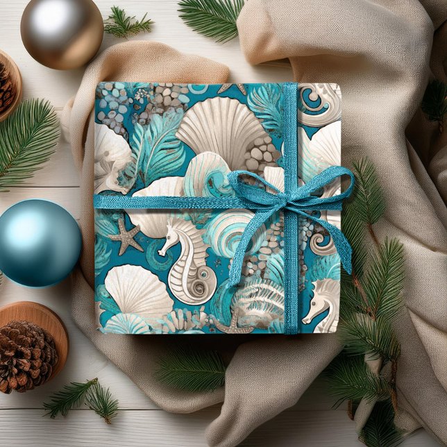 Coastal Christmas Bold Seahorse Pattern#4 ID1009 Wrapping Paper (Creator Uploaded)