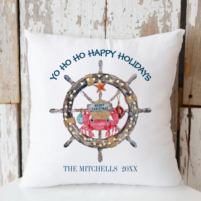 Coastal Christmas | Captain Wheel Nautical Holiday Throw Pillow (Creator Uploaded)