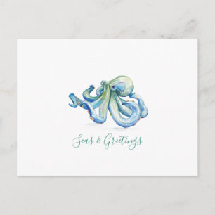 Coastal Christmas Card Watercolor Octopus Postcard