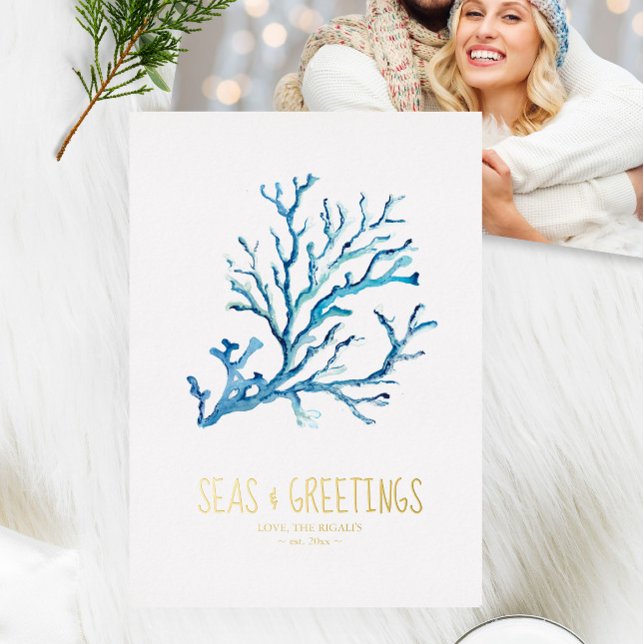Coastal Christmas Cards Template Custom Photo (Beach-themed Christmas cards feature blue watercolor sea coral art by Victoria Grigaliunas )