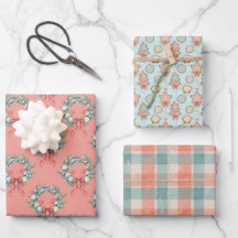 Coastal Christmas Coral Aqua Wrapping Paper Set