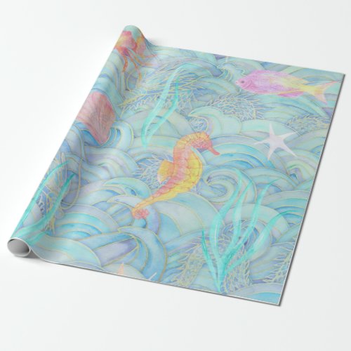 Coastal Christmas Cute Underwater Sea Creatures Wrapping Paper