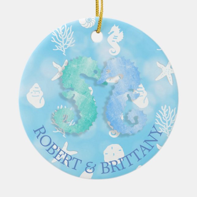 Coastal Christmas Decor Seahorse Personalized Ceramic Ornament (Front)