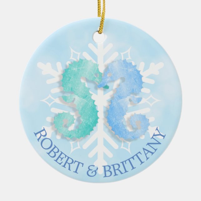 Coastal Christmas Decor Seahorse Personalized Ceramic Ornament (Front)