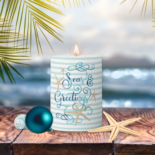 Coastal Christmas Elegant SEAS & GREETINGS Pillar Candle (Creator Uploaded)