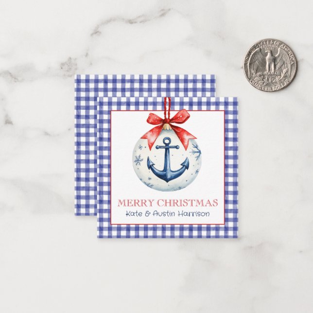 Coastal Christmas Gingham Anchor Ornament Note Card (Front/Back In Situ)