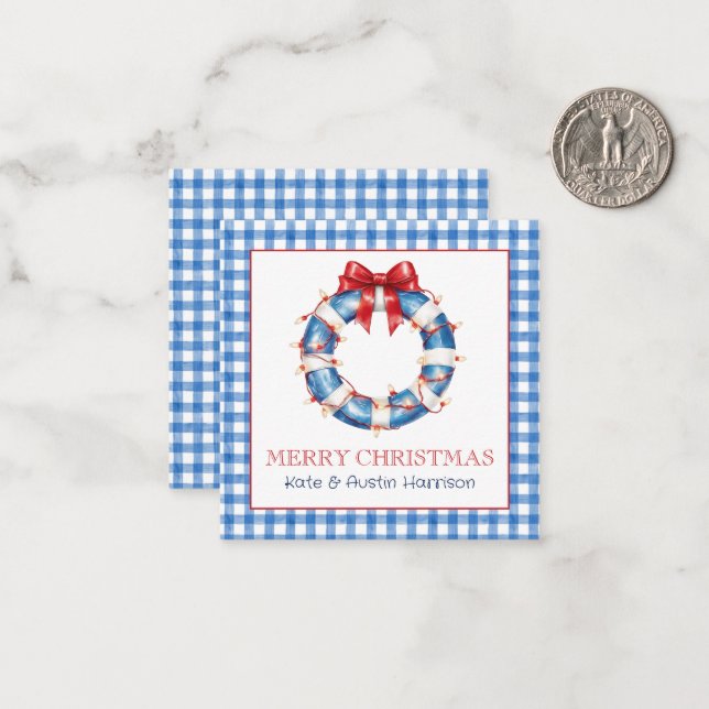 Coastal Christmas Gingham Life Preserver Wreath Note Card (Front/Back In Situ)