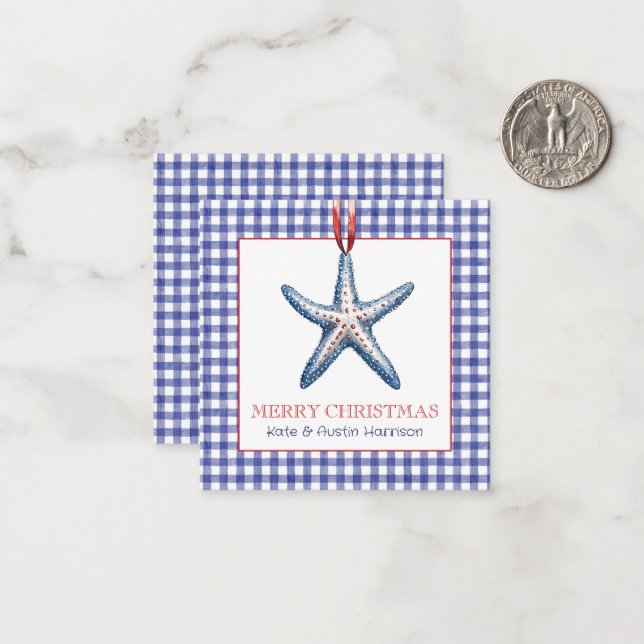 Coastal Christmas Gingham Starfish Ornament Note Card (Front/Back In Situ)