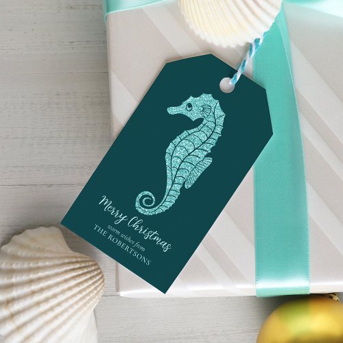 Coastal Christmas Glitter Seahorse Aqua Teal Gift Tags