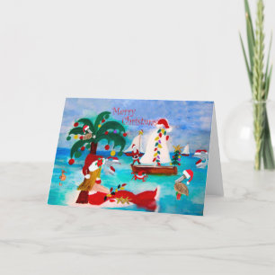 Coastal Christmas harbor parade Holiday cards. Card