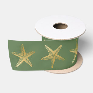 Coastal Christmas Holiday Green and Gold Starfish Satin Ribbon