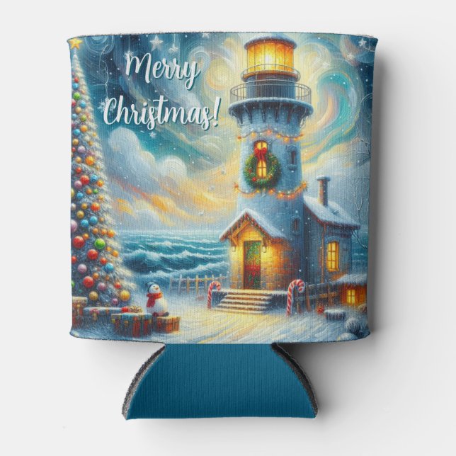 Coastal Christmas Lighthouse Nautical Festive Can Cooler (Front)