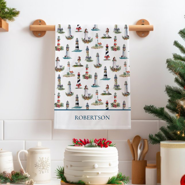 Coastal Christmas Lighthouses Kitchen Towel (Creator Uploaded)