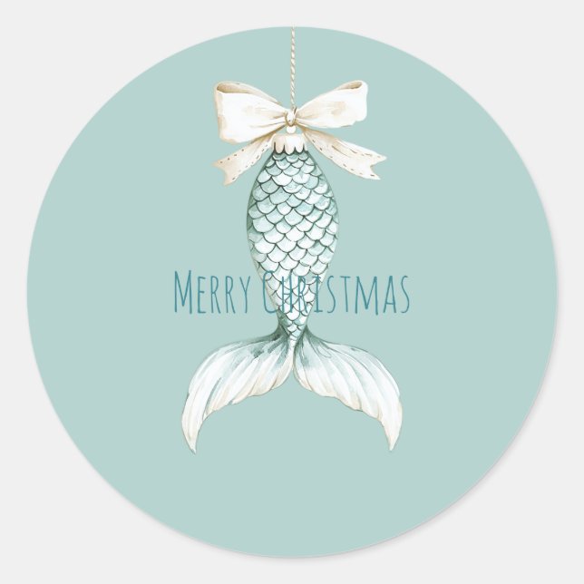 Coastal Christmas Mermaid Bow Blue Beach Ocean   Classic Round Sticker (Front)