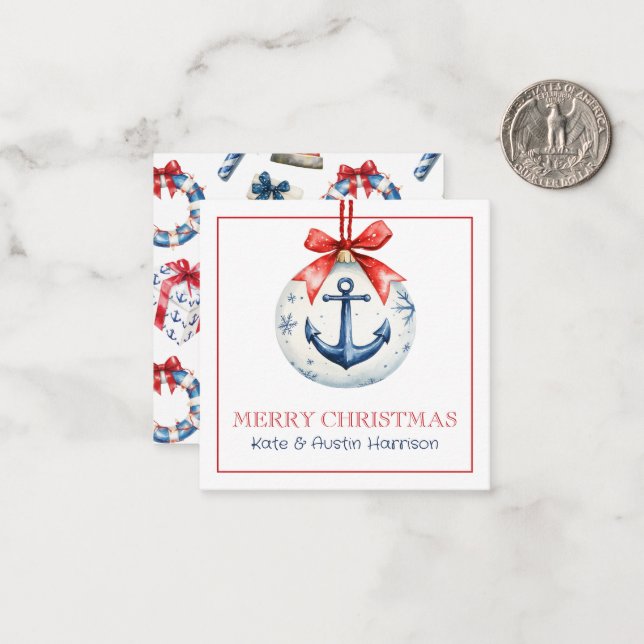 Coastal Christmas Nautical Anchor Ornament Note Card (Front/Back In Situ)