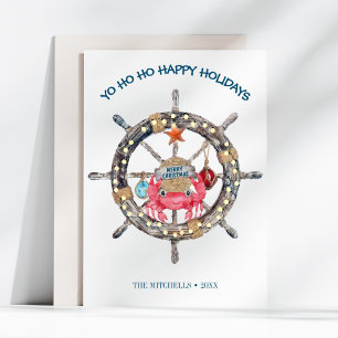 Coastal Christmas Nautical Captain Wheel Crab Holiday Card