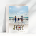 Coastal Christmas | Nautical Holiday Joy Photo Card<br><div class="desc">Nautical, coastal Christmas themed holiday photo card that features a gold "JOY" overlay (with the "O" being a rustic captain's wheel decked out in festive glass sea balls and starfish ornaments) and a white-to-transparent gradient that adds a fun touch to your picture. Reverse side is a hand-painted, weathered, blue and...</div>