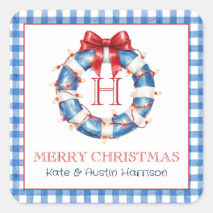 Coastal Christmas Nautical Monogram Wreath Square Sticker