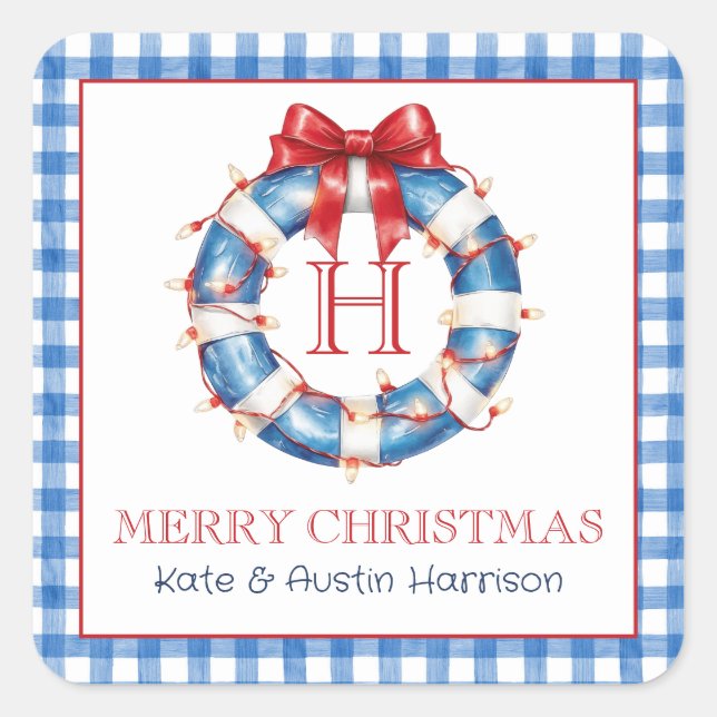 Coastal Christmas Nautical Monogram Wreath Square Sticker (Front)