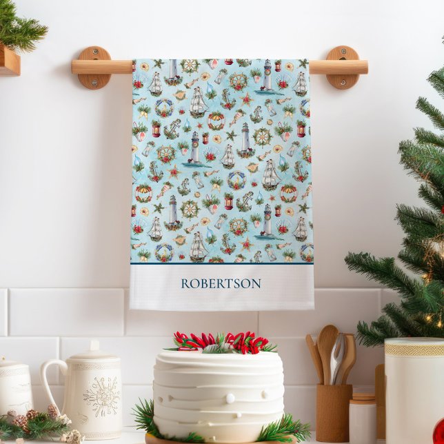 Coastal Christmas Nautical Personalized Kitchen Towel (Creator Uploaded)