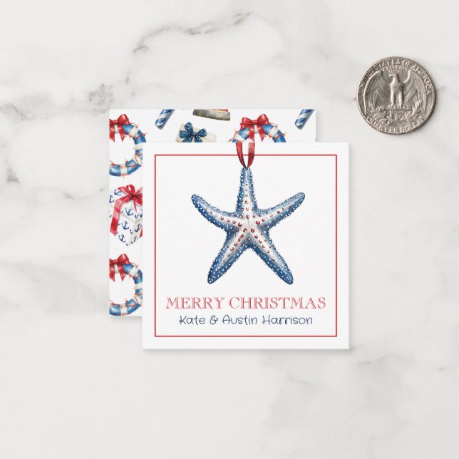 Coastal Christmas Nautical Starfish Ornament Note Card (Front/Back In Situ)
