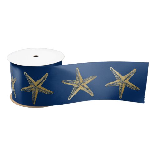 Coastal Christmas Navy Blue Gold Starfish Satin Ribbon