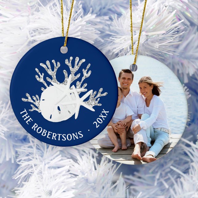 Coastal Christmas Navy Blue Sand Dollar Photo Ceramic Ornament (Creator Uploaded)
