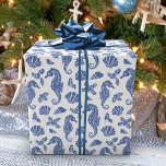 Coastal Christmas Navy Blue Seahorse Glitter  Wrapping Paper<br><div class="desc">This beautiful coastal Christmas wrapping paper features a nautical ocean pattern of navy blue glitter seahorses, seashells, and holly sprigs on a white background, for a festive beach holiday design. If you would like this design on more products or other colorways, or for other design-related inquiries, please contact me through...</div>