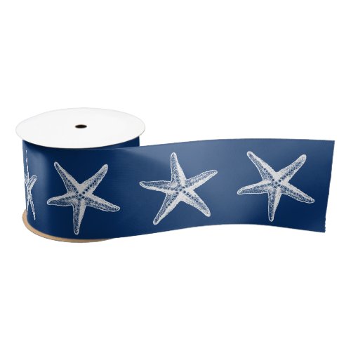 Coastal Christmas Navy Blue White Starfish  Satin Ribbon