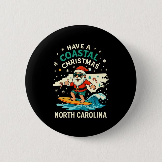 Coastal Christmas Nc Shirt Santa Surfing Funny Wav Button (Front)