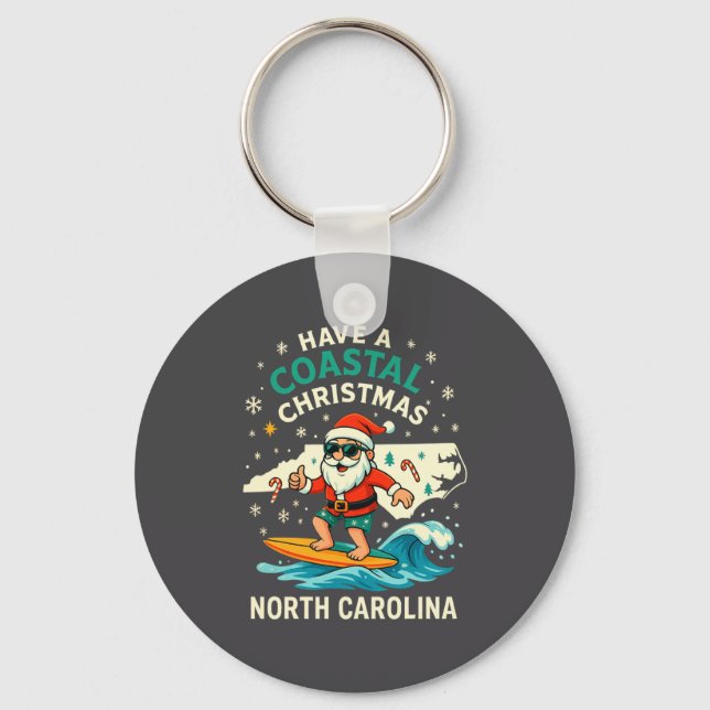 Coastal Christmas Nc Shirt Santa Surfing Funny Wav Keychain (Front)