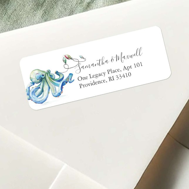 Coastal Christmas Octopus Address Labels (Octopus return address labels beach watercolor art by Victoria Grigaliunas of Do Tell A Belle)