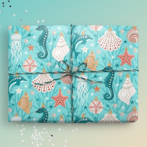 Coastal Christmas Ornaments Wrapping Paper