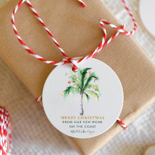Coastal Christmas Palm Tree Moving Announcement Classic Round Sticker
