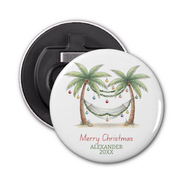 Coastal Christmas Palm Trees With Hammock Bottle Opener (Front)