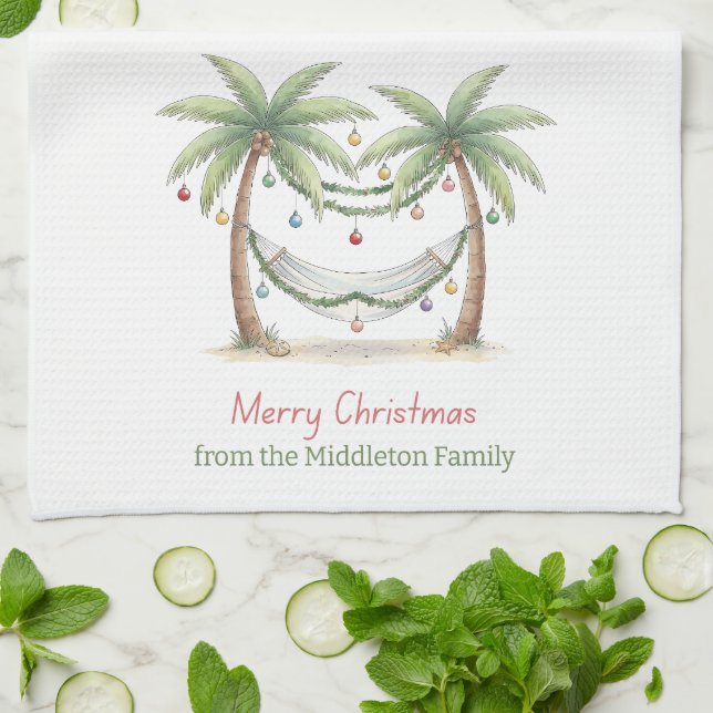 Coastal Christmas Palm Trees With Hammock Kitchen Towel (Folded)