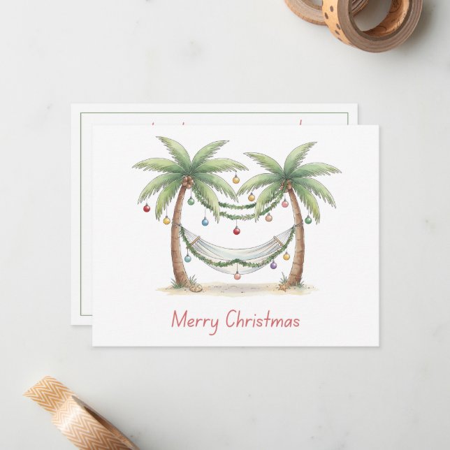 Coastal Christmas Palm Trees With Hammock Note Card (Front/Back In Situ)