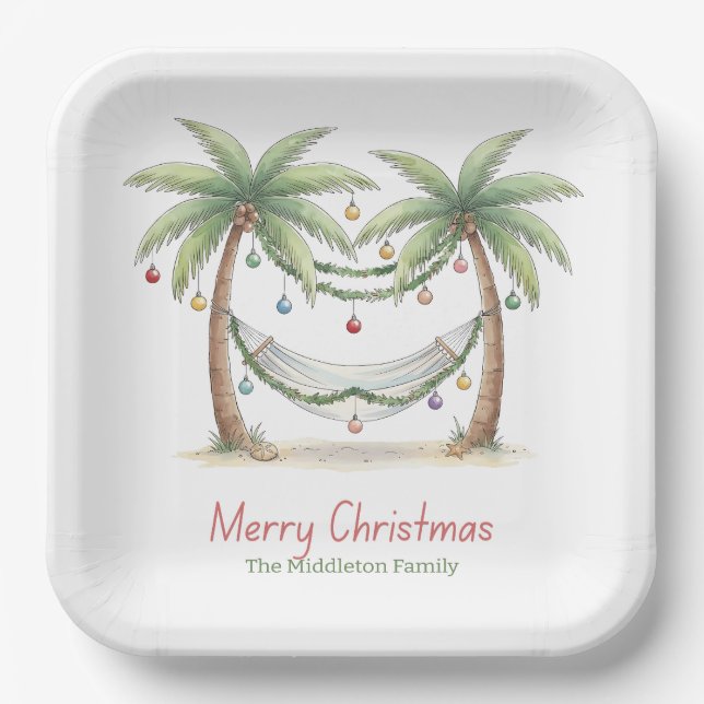 Coastal Christmas Palm Trees With Hammock Paper Plates (Front)