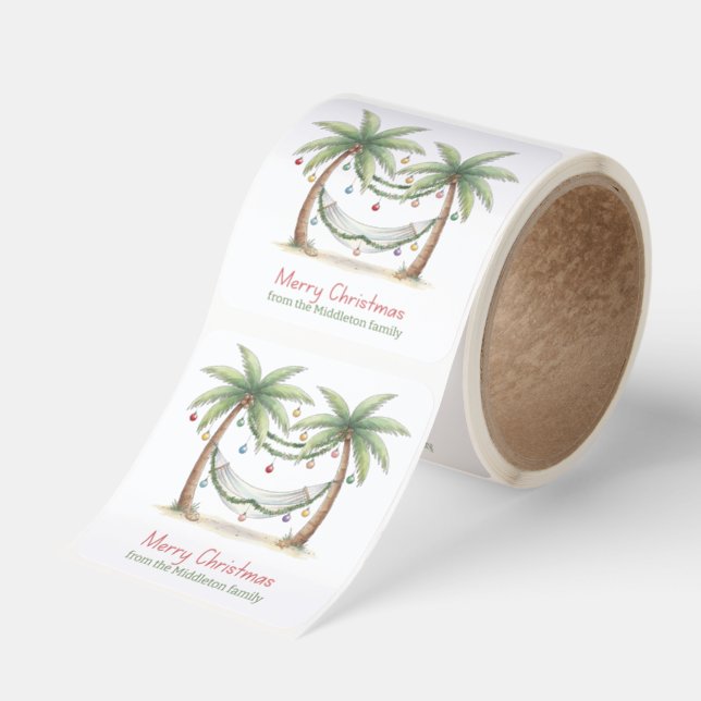 Coastal Christmas Palm Trees With Hammock Square Sticker (Roll)