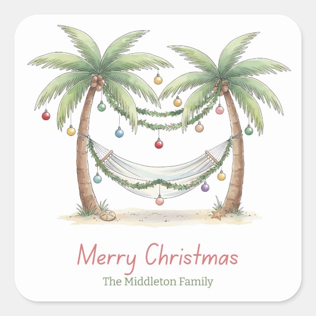 Coastal Christmas Palm Trees With Hammock Square Sticker (Front)