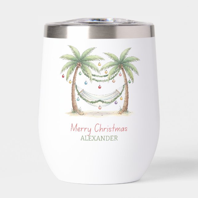 Coastal Christmas Palm Trees With Hammock Thermal Wine Tumbler (Front)