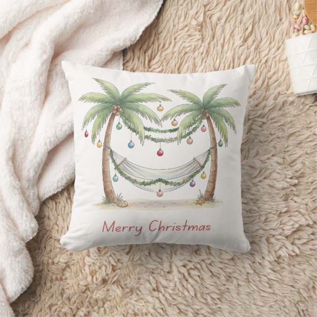 Coastal Christmas Palm Trees With Hammock Throw Pillow (Blanket)