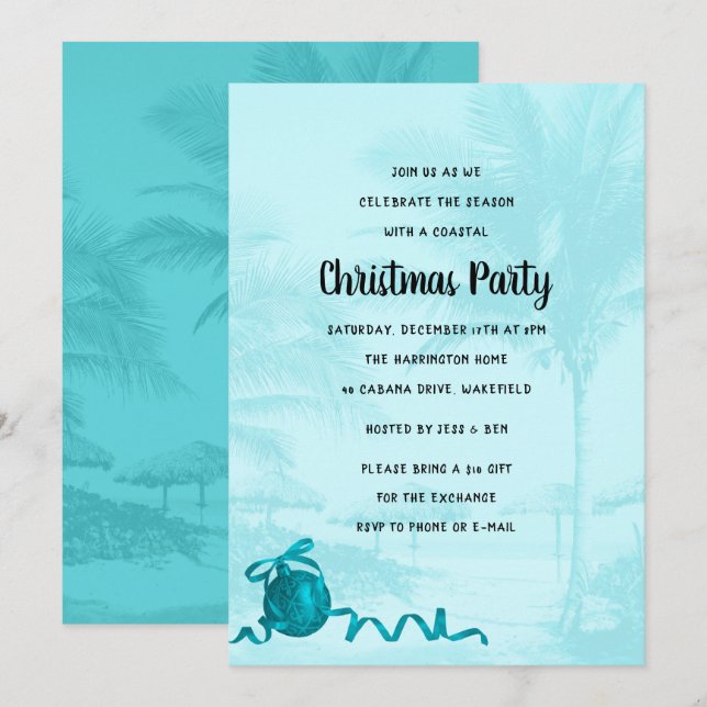 Coastal Christmas Party Blue Palm Trees Invitation (Front/Back)