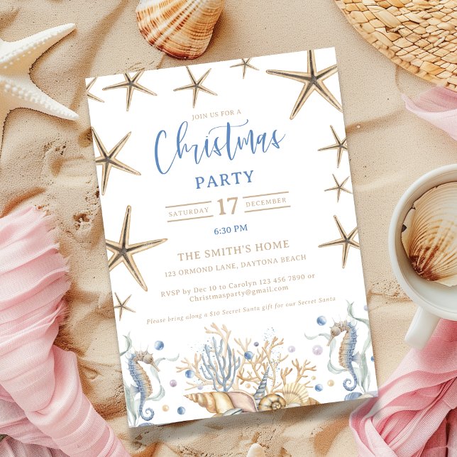 Coastal Christmas Party Invitation (oastal Christmas invite featuring a soothing blend of sand and blue colors and delicate sea stars)