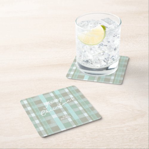 Coastal Christmas Plaid Pattern2 ID1009 Square Paper Coaster