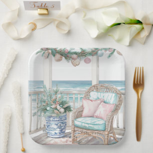 Coastal Christmas Porch Scene Paper Plate